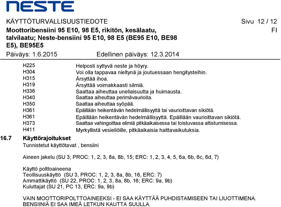 Voi olla tappavaa nieltynä ja joutuessaan hengitysteihin. Ärsyttää ihoa. Ärsyttää voimakkaasti silmiä. Saattaa aiheuttaa uneliaisuutta ja huimausta. Saattaa aiheuttaa perimävaurioita.