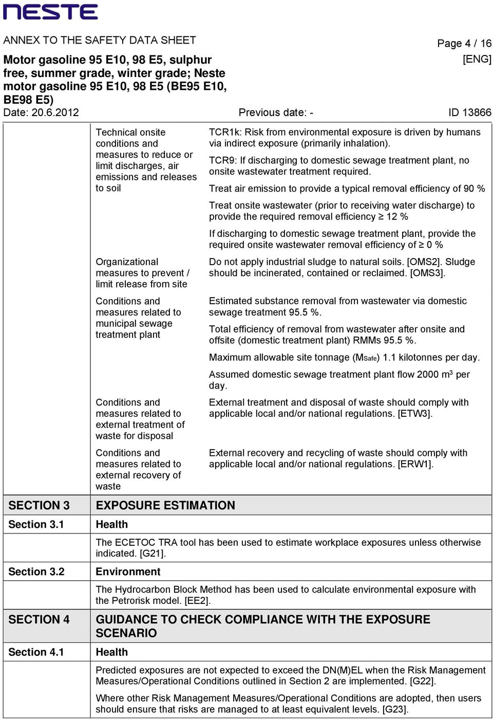 related to municipal sewage treatment plant Conditions and measures related to external treatment of waste for disposal Conditions and measures related to external recovery of waste EXPOSURE