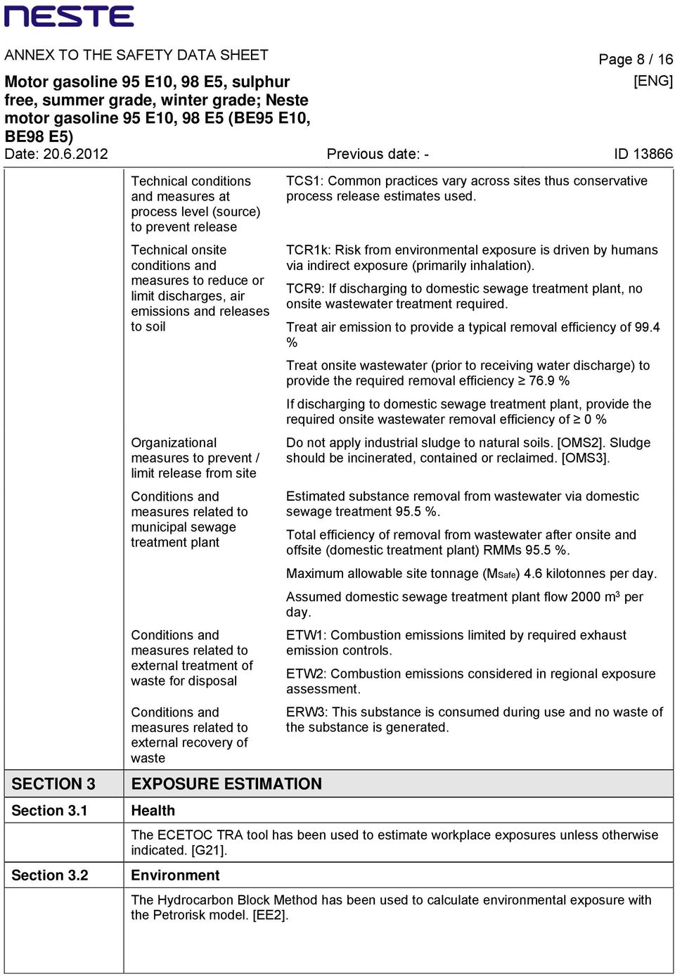 Organizational measures to prevent / limit release from site Conditions and measures related to municipal sewage treatment plant Conditions and measures related to external treatment of waste for