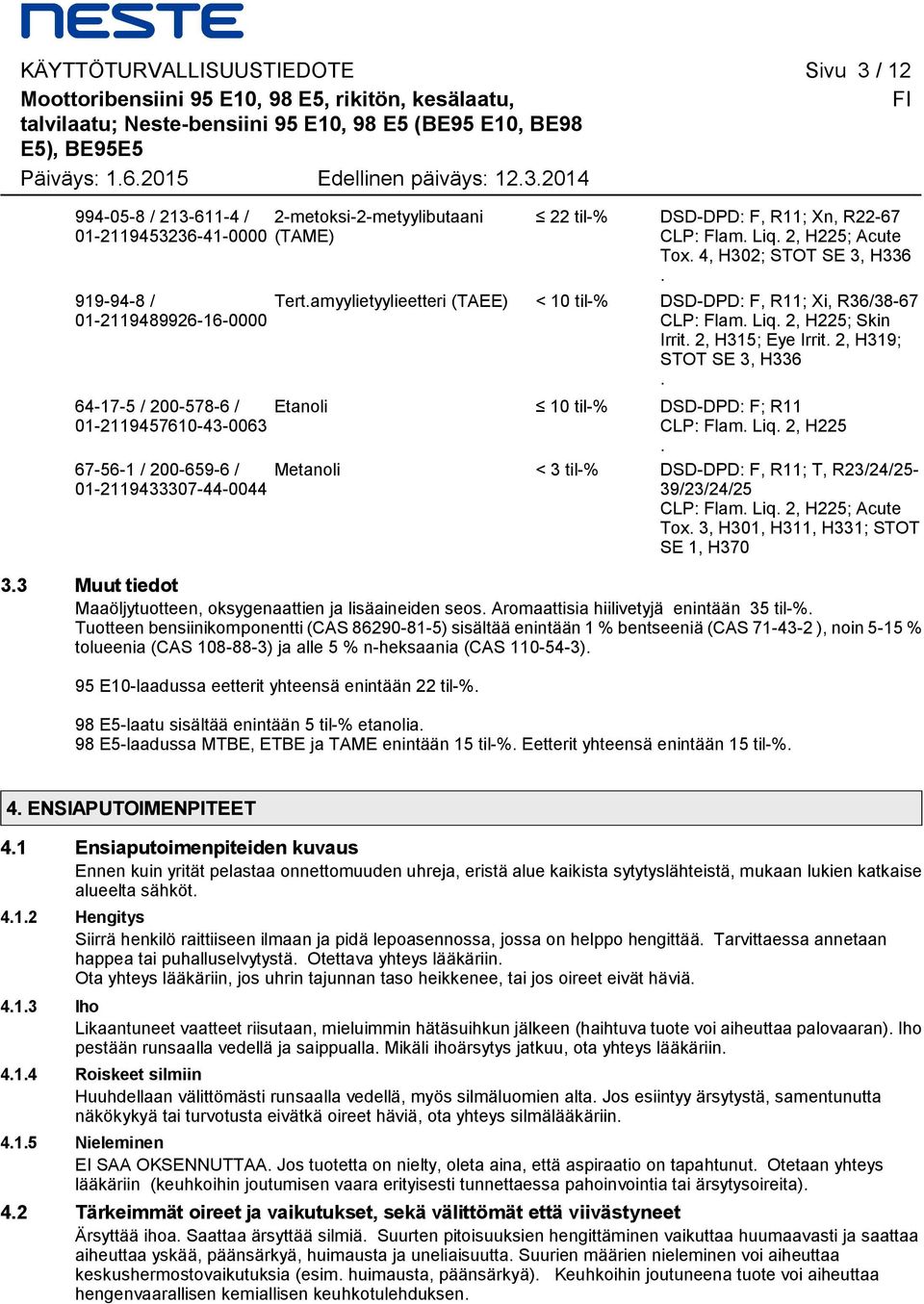 4, H302; STOT SE 3, H336. 919-94-8 / 01-2119489926-16-0000 Tert.amyylietyylieetteri (TAEE) < 10 til-% DSD-DPD: F, R11; Xi, R36/38-67 CLP: Flam. Liq. 2, H225; Skin Irrit. 2, H315; Eye Irrit.