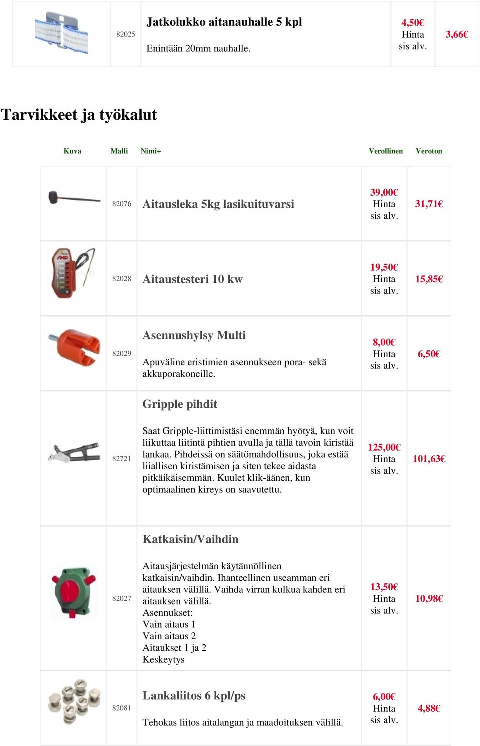 akkuporakoneille. 8,00 sis 6,50 Gripple pihdit 82721 Saat Gripple-liittimistäsi enemmän hyötyä, kun voit liikuttaa liitintä pihtien avulla ja tällä tavoin kiristää lankaa.