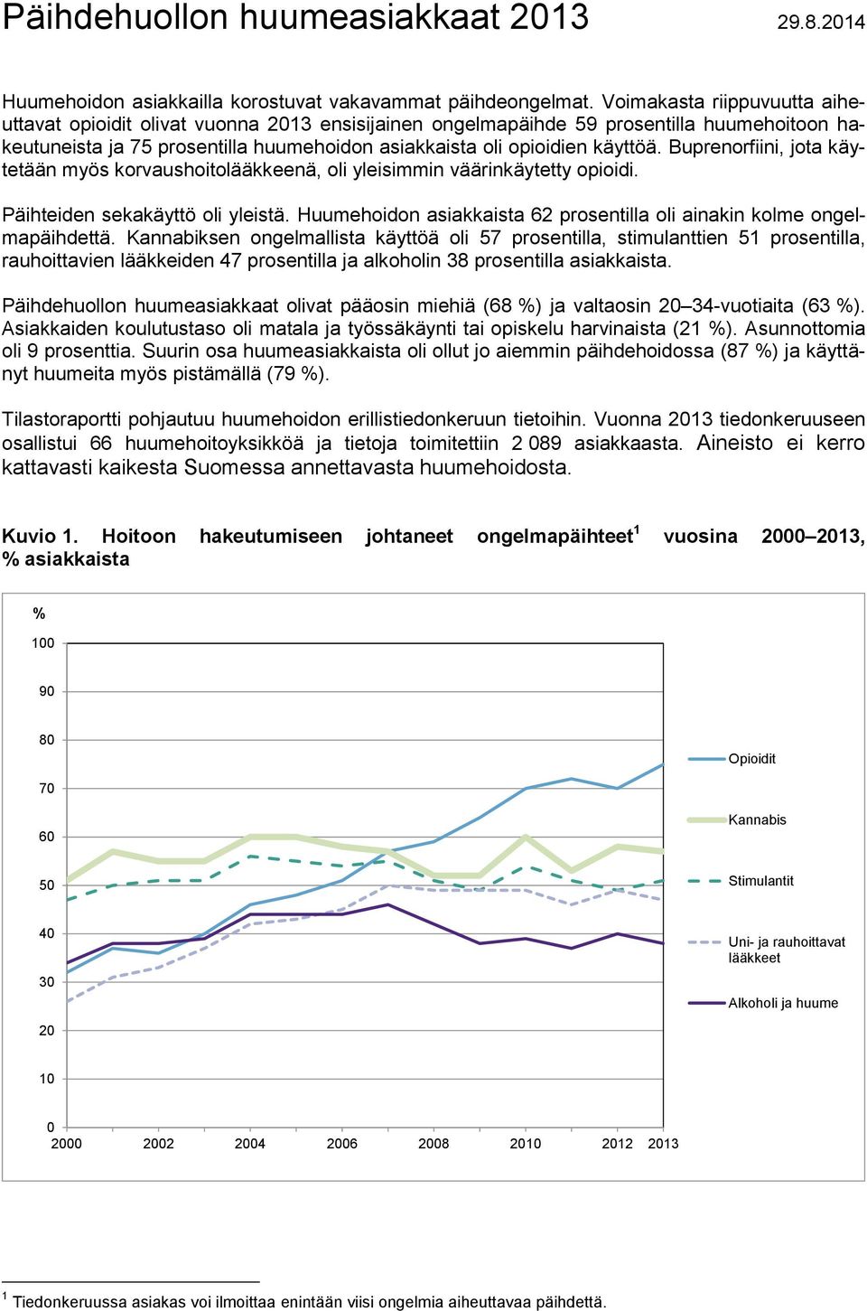 Buprenorfiini, jota käytetään myös korvaushoitolääkkeenä, oli yleisimmin väärinkäytetty opioidi. Päihteiden sekakäyttö oli yleistä.