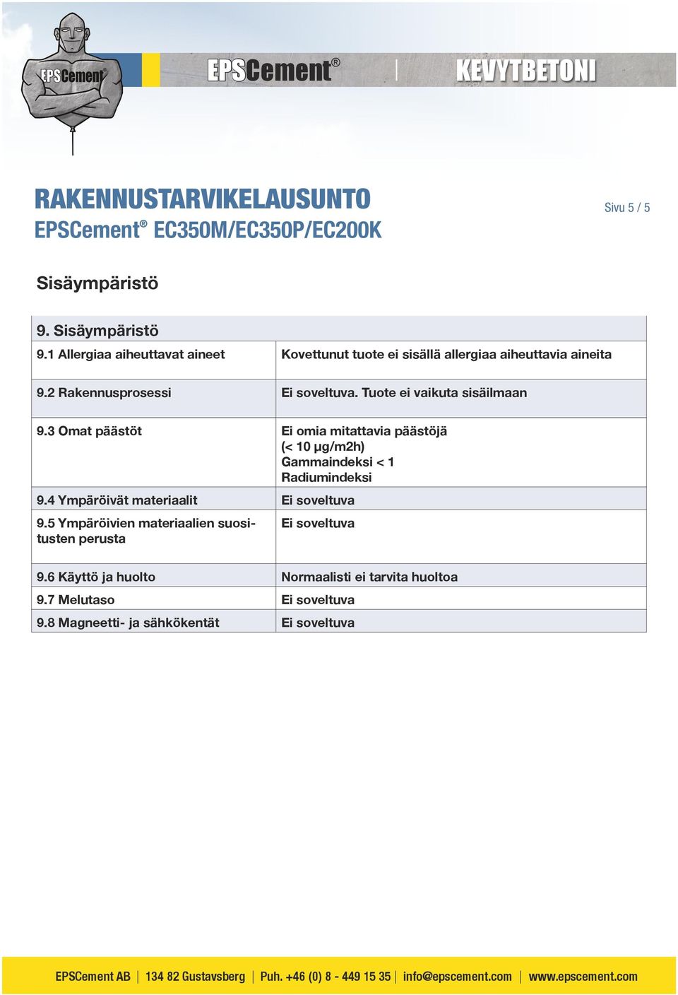 3 Omat päästöt Ei omia mitattavia päästöjä (< 10 µg/m2h) Gammaindeksi < 1 Radiumindeksi 9.