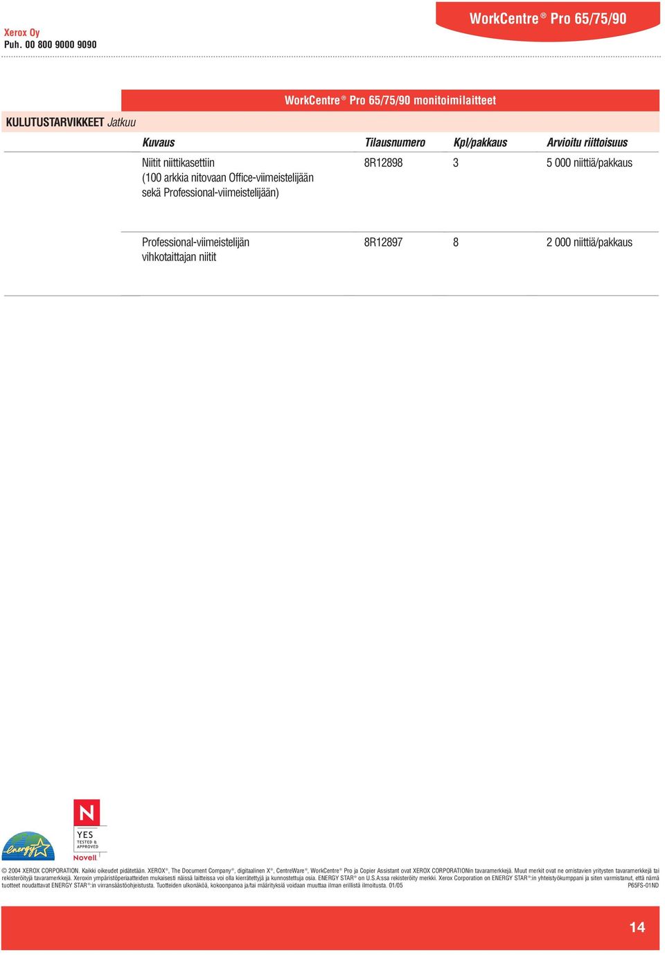 Professional-viimeistelijään) 8R12898 3 5 000 niittiä/pakkaus Professional-viimeistelijän vihkotaittajan niitit 8R12897 8 2 000 niittiä/pakkaus 2004 XEROX CORPORATION. Kaikki oikeudet pidätetään.