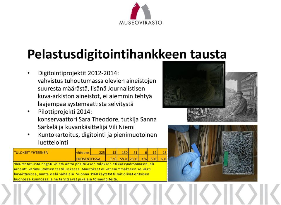 luettelointi TULOKSET YHTEENSÄ yhteens ä 225 13 130 51 6 12 13 PROSENTEISSA 6 % 58 % 23 % 3 % 5 % 6 % 94% testatuista negatiiveista antoi positiivisen tuloksen etikkasyndroomasta, eli aiheutti