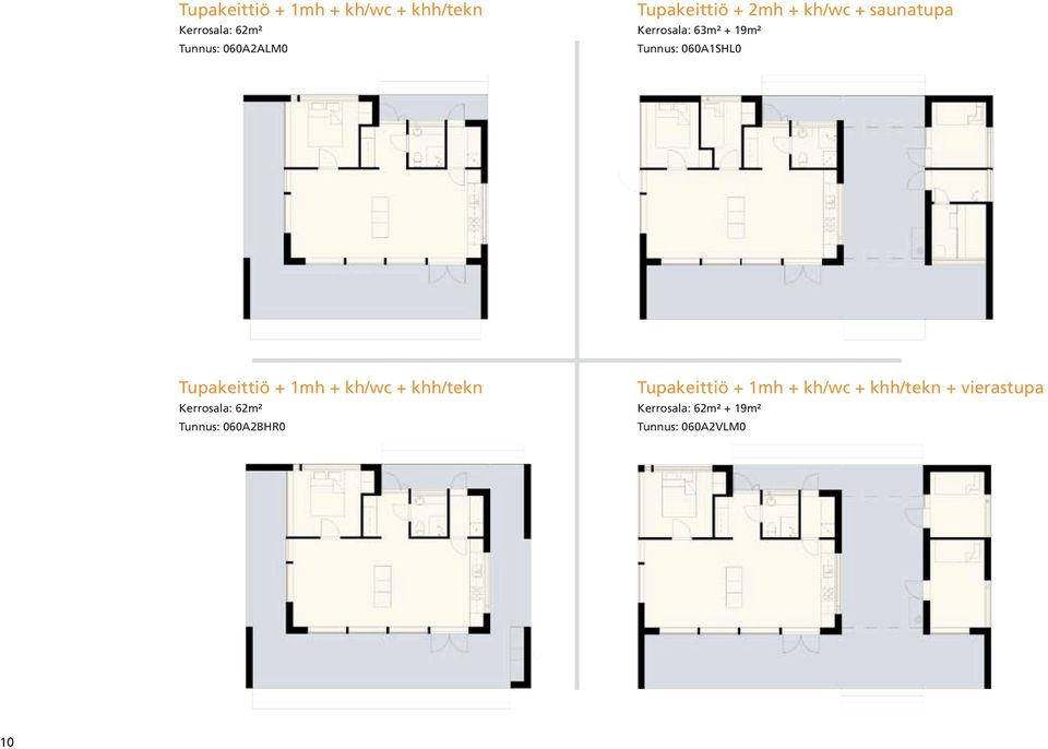 Tupakeittiö + 1mh + kh/wc + khh/tekn Kerrosala: 62m² Tunnus: 060A2BHR0