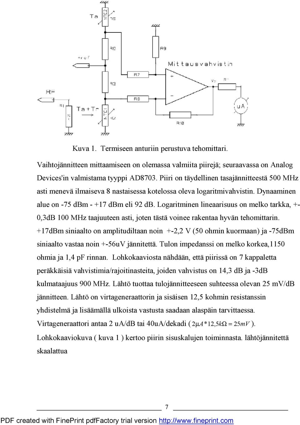 Logaritminen lineaarisuus on melko tarkka, +- 0,3dB 100 MHz taajuuteen asti, joten tästä voinee rakentaa hyvän tehomittarin.