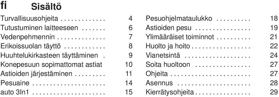 .................... 15 Pesuohjelmataulukko.......... 18 Astioiden pesu................ 19 Ylimääräiset toiminnot.......... 21 Huolto ja hoito.