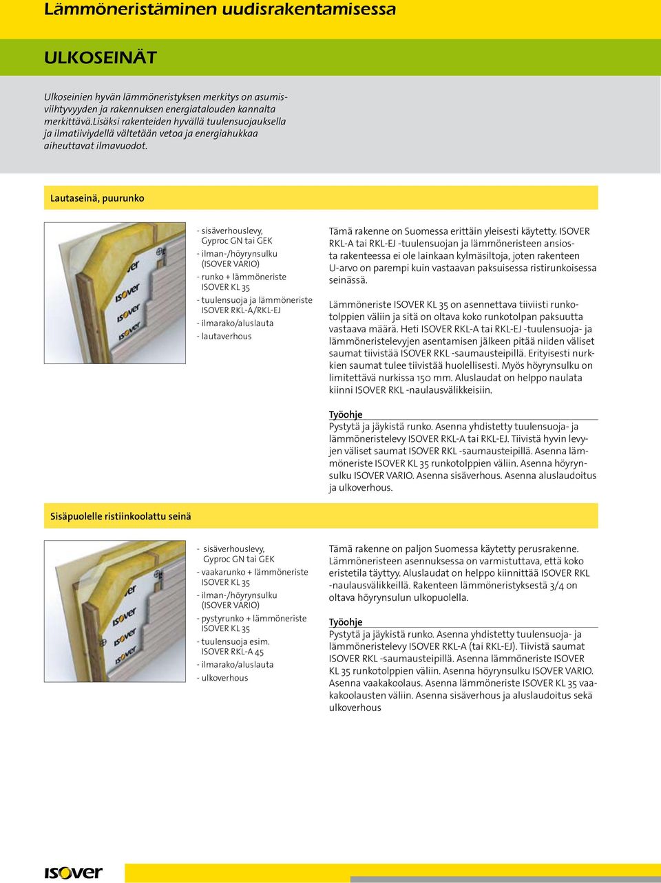 Lautaseinä, puurunko - sisäverhouslevy, Gyproc GN tai GEK - ilman-/höyrynsulku (ISOVER VARIO) - runko + lämmöneriste ISOVER KL 35 - tuulensuoja ja lämmöneriste ISOVER RKL-A/RKL-EJ -