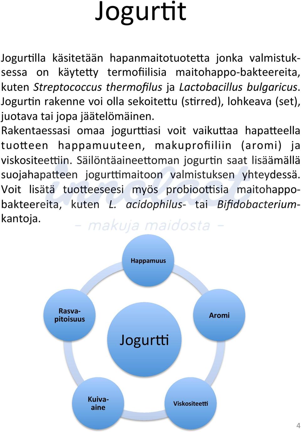 Rakentaessasi omaa jogur8asi voit vaiku'aa hapa'eella tuo'een happamuuteen, makuprofiiliin (aromi) ja viskositee8in.