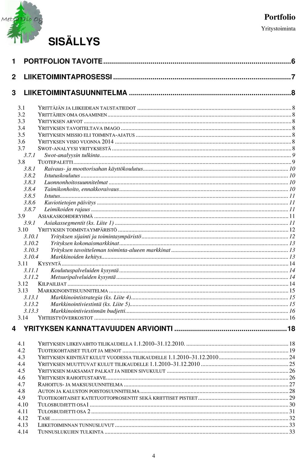 8 TUOTEPALETTI... 9 3.8.1 Raivaus- ja moottorisahan käyttökoulutus... 10 3.8.2 Istutuskoulutus... 10 3.8.3 Luonnonhoitosuunnitelmat... 10 3.8.4 Taimikonhoito, ennakkoraivaus... 10 3.8.5 Istutus... 11 3.