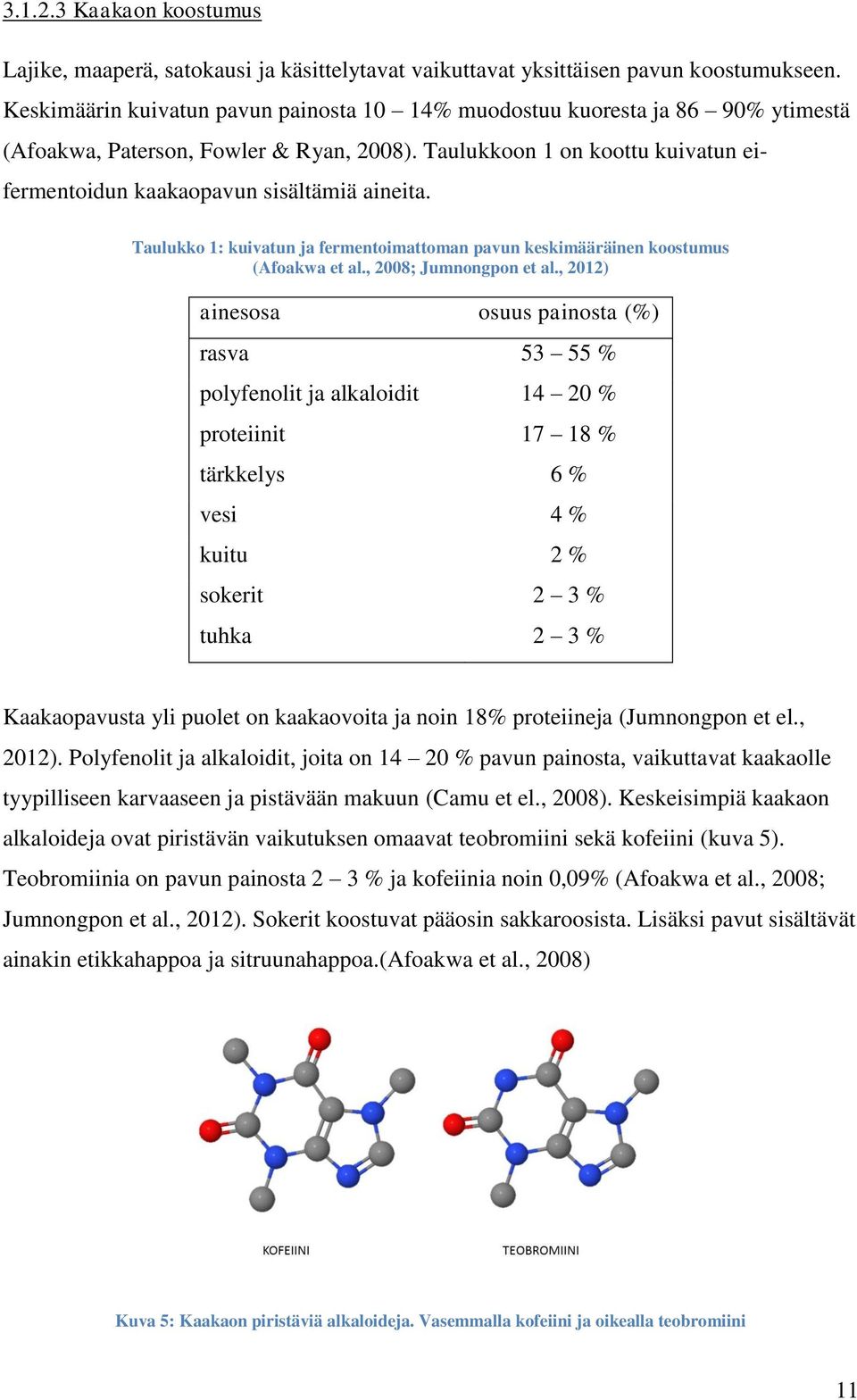 Taulukkoon 1 on koottu kuivatun eifermentoidun kaakaopavun sisältämiä aineita. Taulukko 1: kuivatun ja fermentoimattoman pavun keskimääräinen koostumus (Afoakwa et al., 2008; Jumnongpon et al.