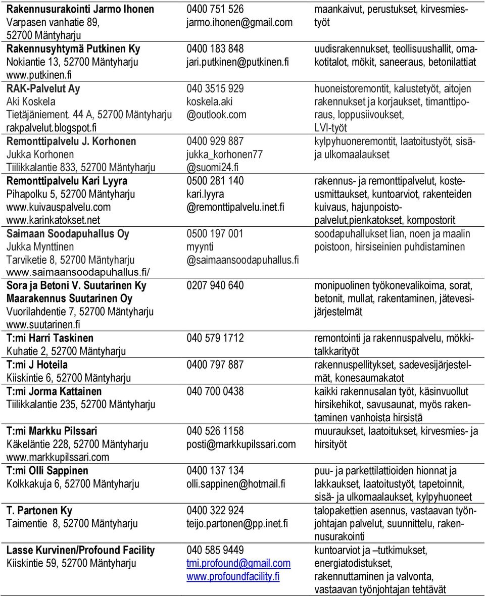 kuivauspalvelu.com www.karinkatokset.net Saimaan Soodapuhallus Oy Jukka Mynttinen Tarviketie 8, 52700 Mäntyharju www.saimaansoodapuhallus.fi/ Sora ja Betoni V.