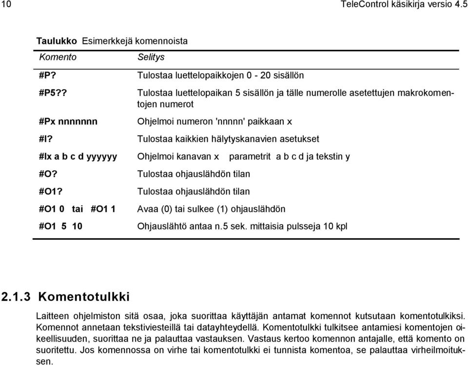 hälytyskanavien asetukset #Ix a b c d yyyyyy Ohjelmoi kanavan x parametrit a b c d ja tekstin y #O? #O1?