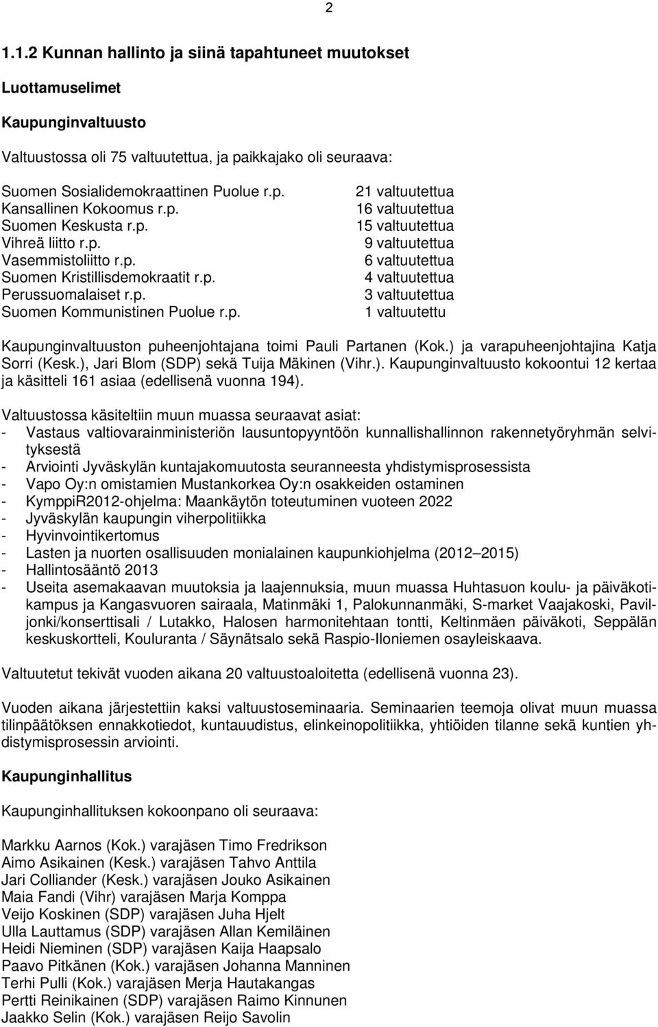 ) ja varapuheenjohtajina Katja Sorri (Kesk.), Jari Blom (SDP) sekä Tuija Mäkinen (Vihr.). Kaupunginvaltuusto kokoontui 12 kertaa ja käsitteli 161 asiaa (edellisenä vuonna 194).