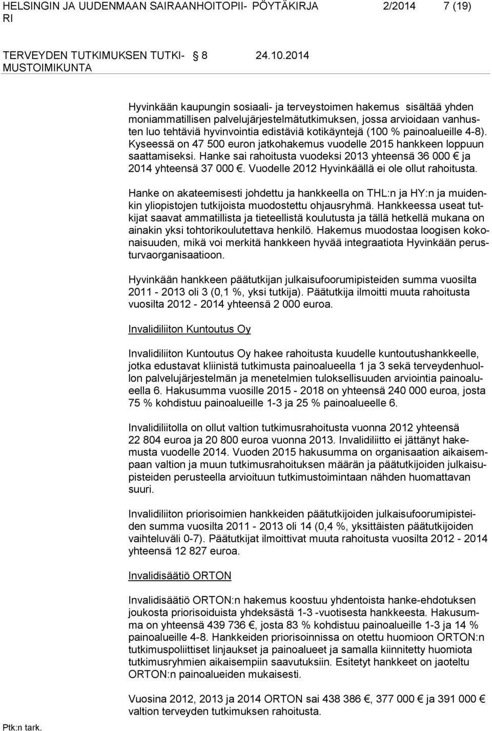 Hanke sai rahoitusta vuodeksi 2013 yhteensä 36 000 ja 2014 yhteensä 37 000. Vuodelle 2012 Hyvinkäällä ei ole ollut rahoitusta.