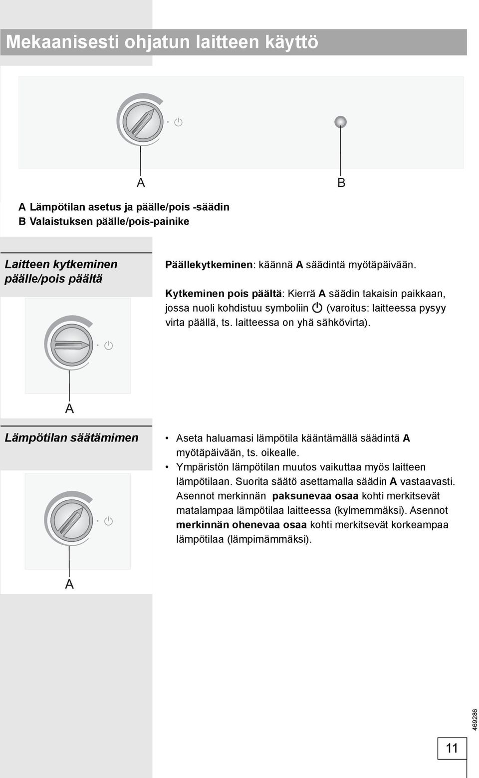 Lämpötilan säätämimen Aseta haluamasi lämpötila kääntämällä säädintä A myötäpäivään, ts. oikealle. Ympäristön lämpötilan muutos vaikuttaa myös laitteen lämpötilaan.