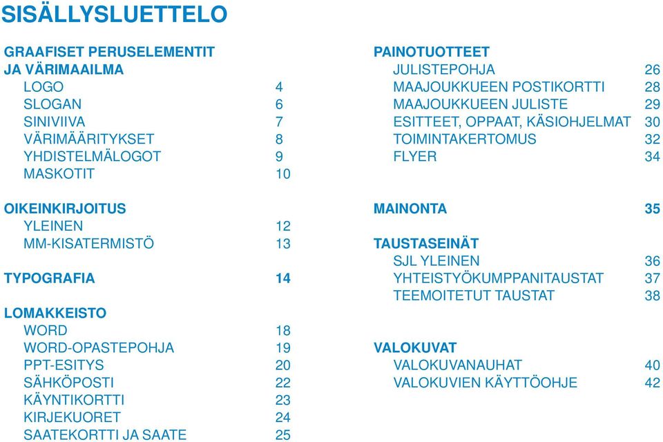 SAATEKORTTI JA SAATE 25 PAINOTUOTTEET JULISTEPOHJA 26 MAAJOUKKUEEN POSTIKORTTI 28 MAAJOUKKUEEN JULISTE 29 ESITTEET, OPPAAT, KÄSIOHJELMAT 30