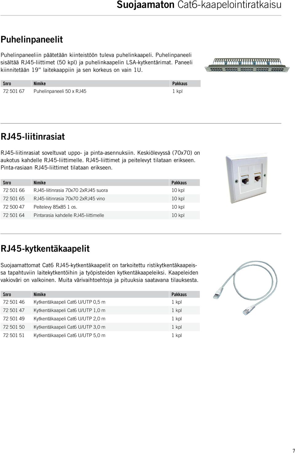 72 501 67 Puhelinpaneeli 50 x RJ45 1 kpl RJ45-liitinrasiat RJ45-liitinrasiat soveltuvat uppo- ja pinta-asennuksiin. Keskiölevyssä (70x70) on aukotus kahdelle RJ45-liittimelle.