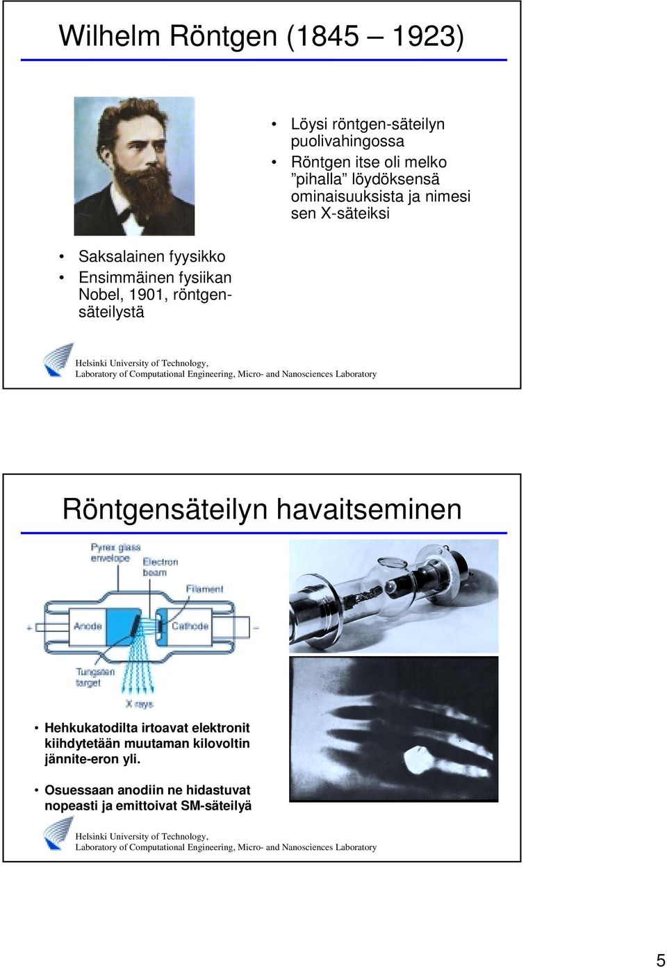 1901, röntgensäteilystä Röntgensäteilyn havaitseminen Hehkukatodilta irtoavat elektronit kiihdytetään