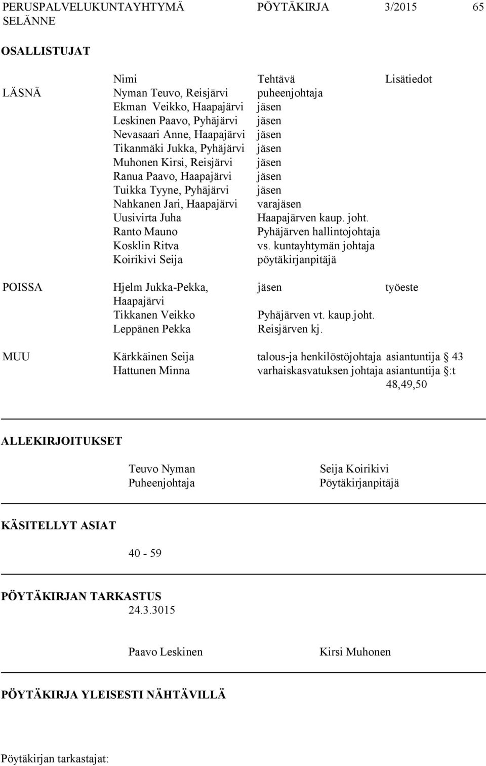 Ranto Mauno Pyhäjärven hallintojohtaja Kosklin Ritva vs. kuntayhtymän johtaja Koirikivi Seija pöytäkirjanpitäjä POISSA Hjelm Jukka-Pekka, Haapajärvi Tikkanen Veikko Leppänen Pekka jäsen Pyhäjärven vt.