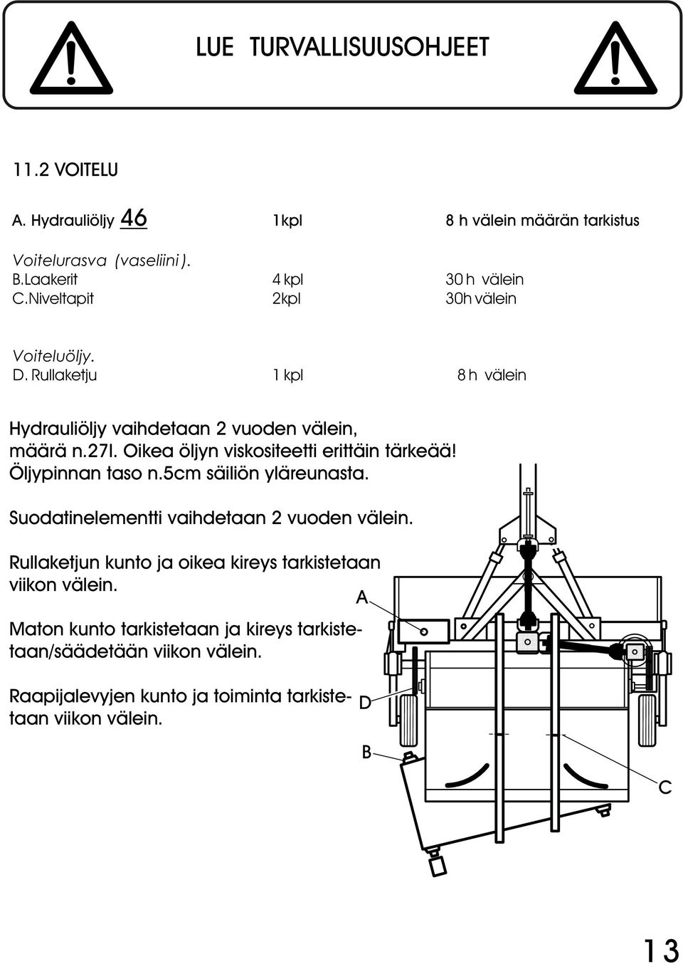 Oikea öljyn viskositeetti erittäin tärkeää! Öljypinnan taso n.5cm säiliön yläreunasta. Suodatinelementti vaihdetaan 2 vuoden välein.