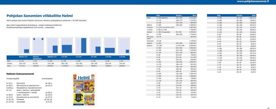 Etusivu 1/4 Etusivun Takasivu 1/4 1/2 sivu 1/2 sivu 1/4 sivu 1/4 sivu 1/8 sivu silmäkulmat Koko 3 x 145 1 x 60 3 x 180 6 x 180 3 x 365 3 x 180 6 x 90 2 x 90 Aineisto 125 x 145 39 x 60 125 x 180 284 x