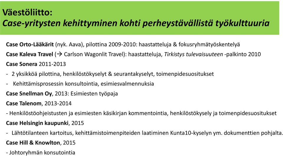 yksikköä pilottina, henkilöstökyselyt & seurantakyselyt, toimenpidesuositukset - Kehittämisprosessin konsultointia, esimiesvalmennuksia Case Snellman Oy, 2013: Esimiesten työpaja Case Talenom,