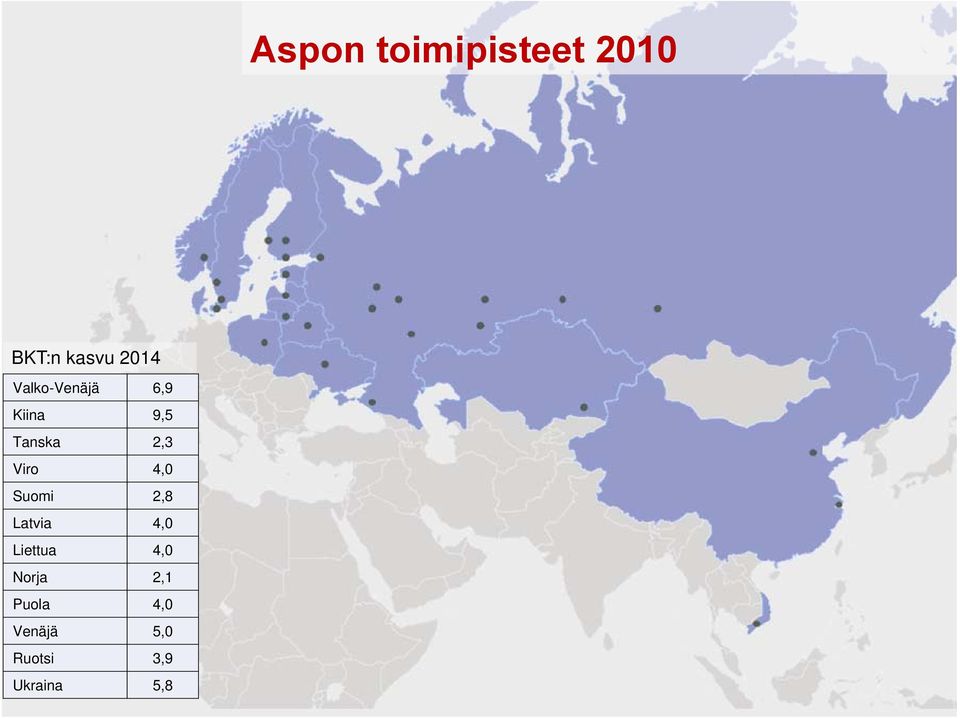 Viro 4,0 Suomi 2,8 Latvia 4,0 Liettua 4,0 Norja 2,1 Puola 4,0 Venäjä 5,0 Ruotsi 3,9 Ukraina