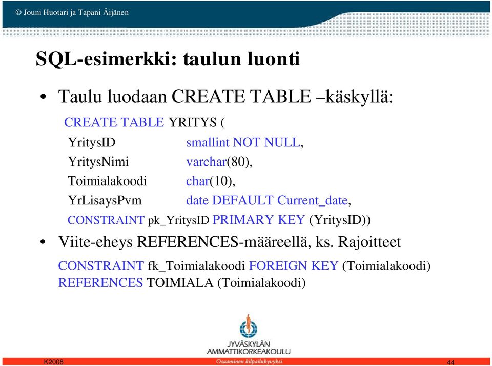 Current_date, CONSTRAINT pk_yritysid PRIMARY KEY (YritysID)) Viite-eheys REFERENCES-määreellä, ks.
