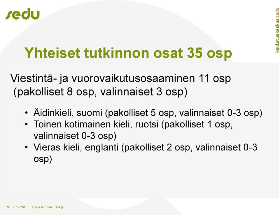 valinnaiset 0-3 osp) Toinen kotimainen kieli, ruotsi (pakolliset 1 osp, valinnaiset