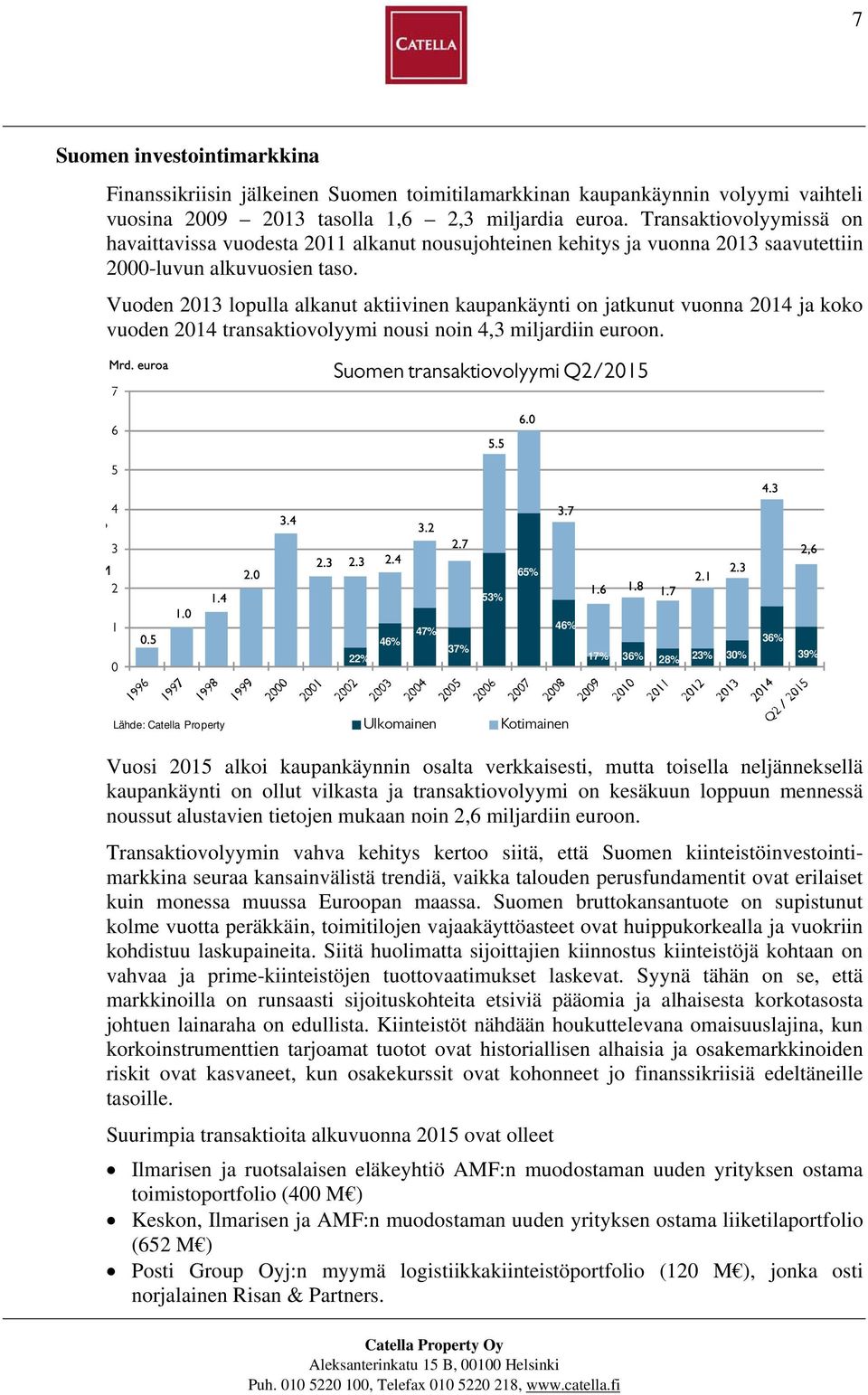 Vuoden 2013 lopulla alkanut aktiivinen kaupankäynti on jatkunut vuonna 2014 ja koko vuoden 2014 transaktiovolyymi nousi noin 4,3 miljardiin euroon. Mrd. euroa 7 Suomen transaktiovolyymi Q2/2015 6 5.