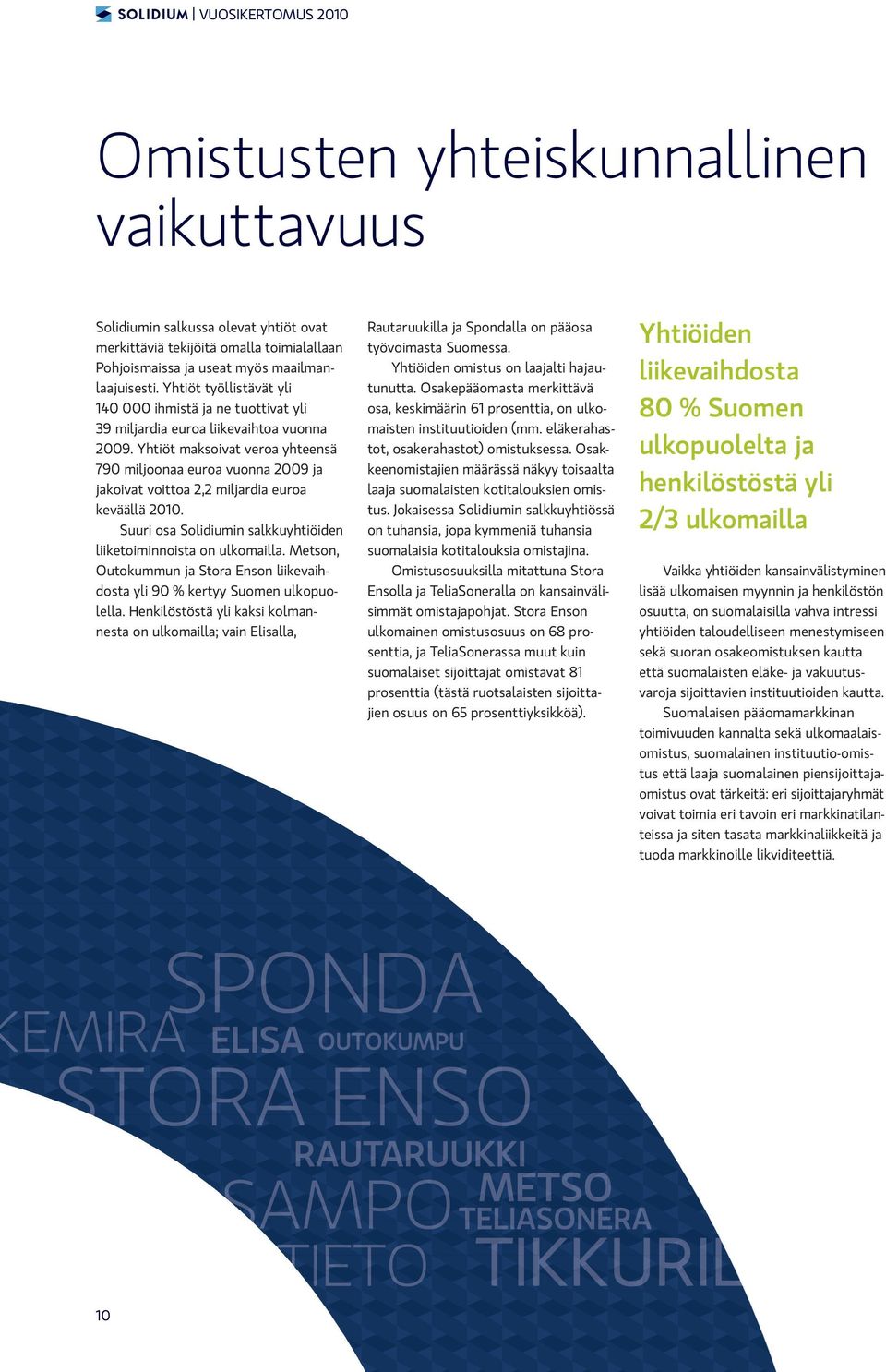 Yhtiöt maksoivat veroa yhteensä 790 miljoonaa euroa vuonna 2009 ja jakoivat voittoa 2,2 miljardia euroa keväällä 2010. Suuri osa Solidiumin salkkuyhtiöiden liiketoiminnoista on ulkomailla.