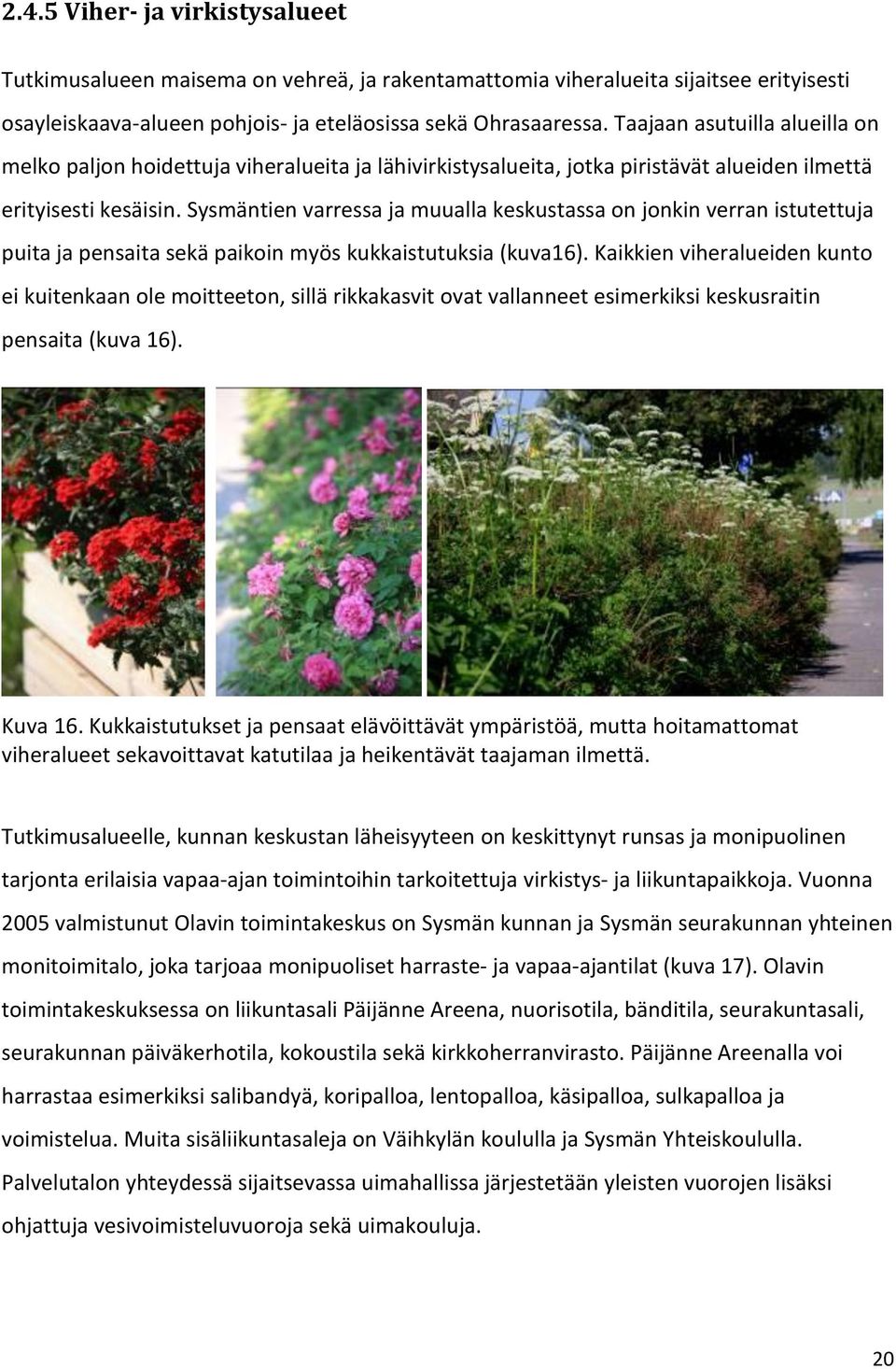 Sysmäntien varressa ja muualla keskustassa on jonkin verran istutettuja puita ja pensaita sekä paikoin myös kukkaistutuksia (kuva16).