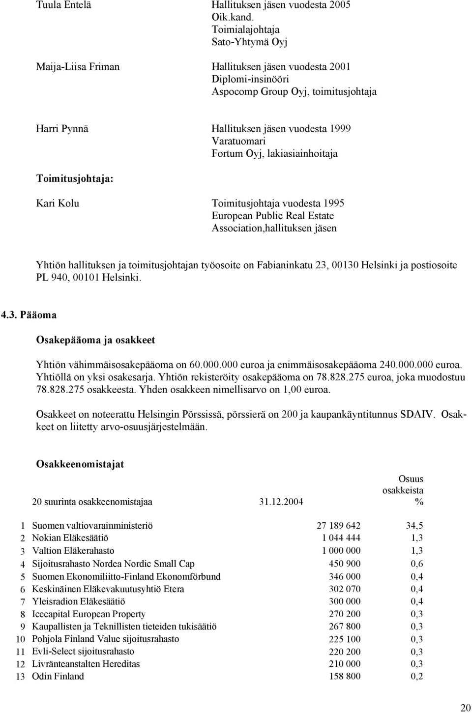 Oyj, lakiasiainhoitaja Toimitusjohtaja: Kari Kolu Toimitusjohtaja vuodesta 1995 European Public Real Estate Association,hallituksen jäsen Yhtiön hallituksen ja toimitusjohtajan työosoite on