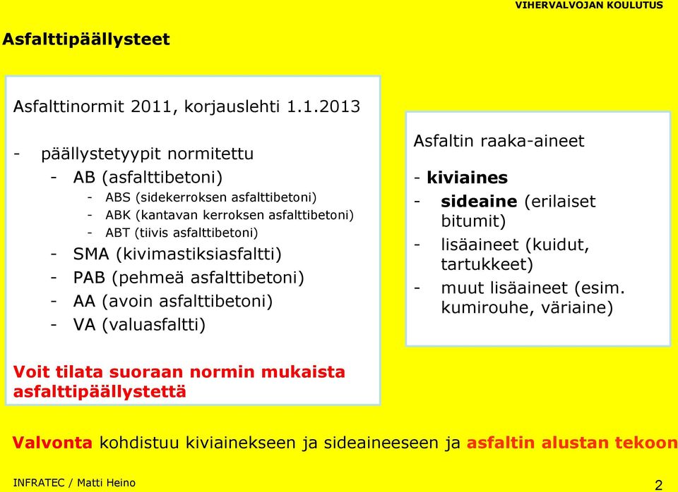 1.2013 - päällystetyypit normitettu - AB (asfalttibetoni) - ABS (sidekerroksen asfalttibetoni) - ABK (kantavan kerroksen asfalttibetoni) - ABT (tiivis