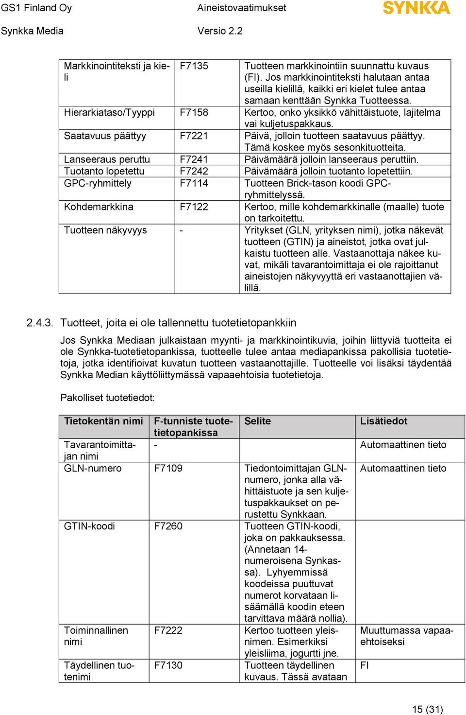 Hierarkiataso/Tyyppi F7158 Kertoo, onko yksikkö vähittäistuote, lajitelma vai kuljetuspakkaus. Saatavuus päättyy F7221 Päivä, jolloin tuotteen saatavuus päättyy. Tämä koskee myös sesonkituotteita.