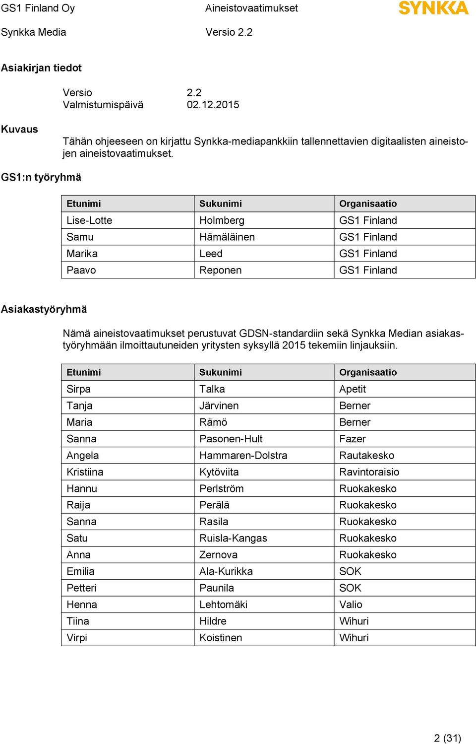 perustuvat GDSN-standardiin sekä Synkka Median asiakastyöryhmään ilmoittautuneiden yritysten syksyllä 2015 tekemiin linjauksiin.