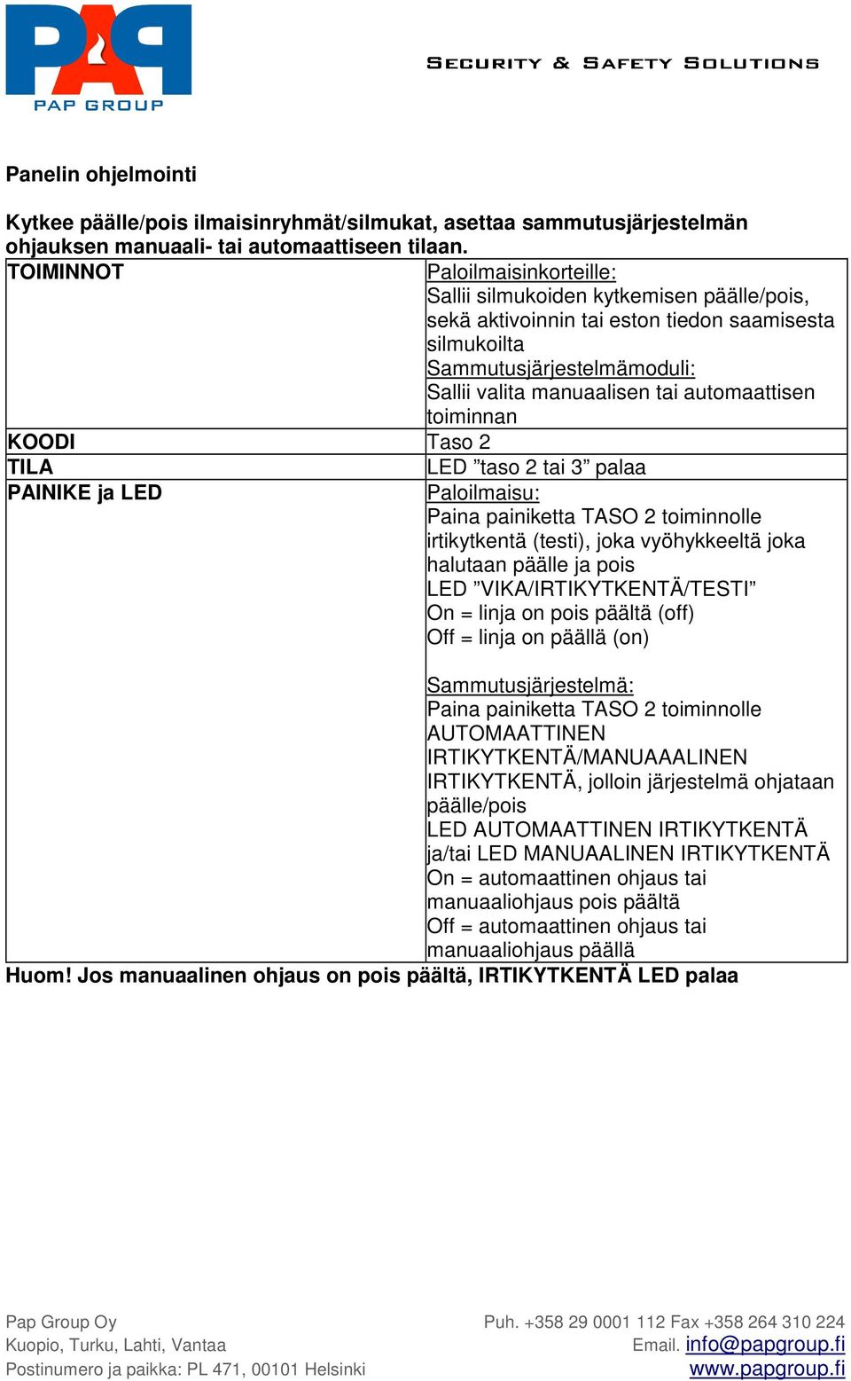 automaattisen toiminnan KOODI Taso 2 TILA LED taso 2 tai 3 palaa PAINIKE ja LED Paloilmaisu: Paina painiketta TASO 2 toiminnolle irtikytkentä (testi), joka vyöhykkeeltä joka halutaan päälle ja pois