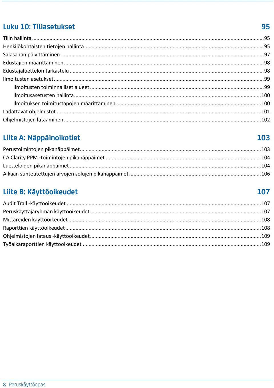 .. 101 Ohjelmistojen lataaminen... 102 Liite A: Näppäinoikotiet 103 Perustoimintojen pikanäppäimet... 103 CA Clarity PPM -toimintojen pikanäppäimet... 104 Luetteloiden pikanäppäimet.