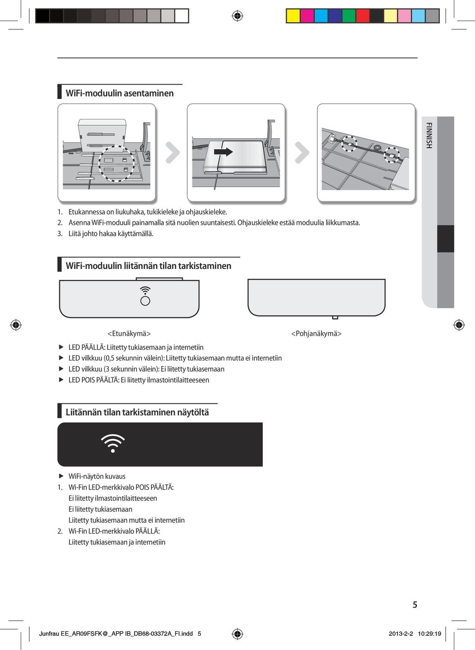 WiFi-moduulin liitännän tilan tarkistaminen <Etunäkymä> ffled PÄÄLLÄ: Liitetty tukiasemaan ja internetiin ffled vilkkuu (0,5 sekunnin välein): Liitetty tukiasemaan mutta ei internetiin ffled vilkkuu