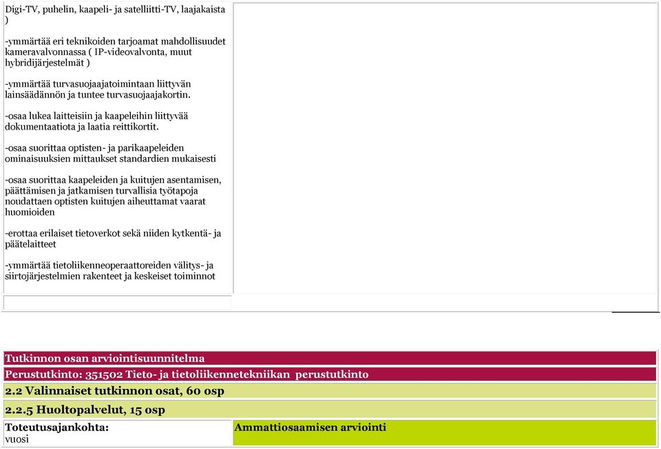 -osaa suorittaa optisten- ja parikaapeleiden ominaisuuksien mittaukset standardien mukaisesti -osaa suorittaa kaapeleiden ja kuitujen asentamisen, päättämisen ja jatkamisen turvallisia työtapoja