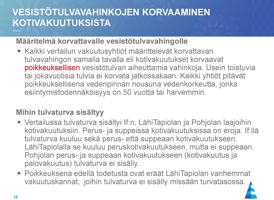 Kaikki yhtiöt pitävät poikkeuksellisena vedenpinnan nousuna vedenkorkeutta, jonka esiintymistodennäköisyys on 50 vuotta tai harvemmin.