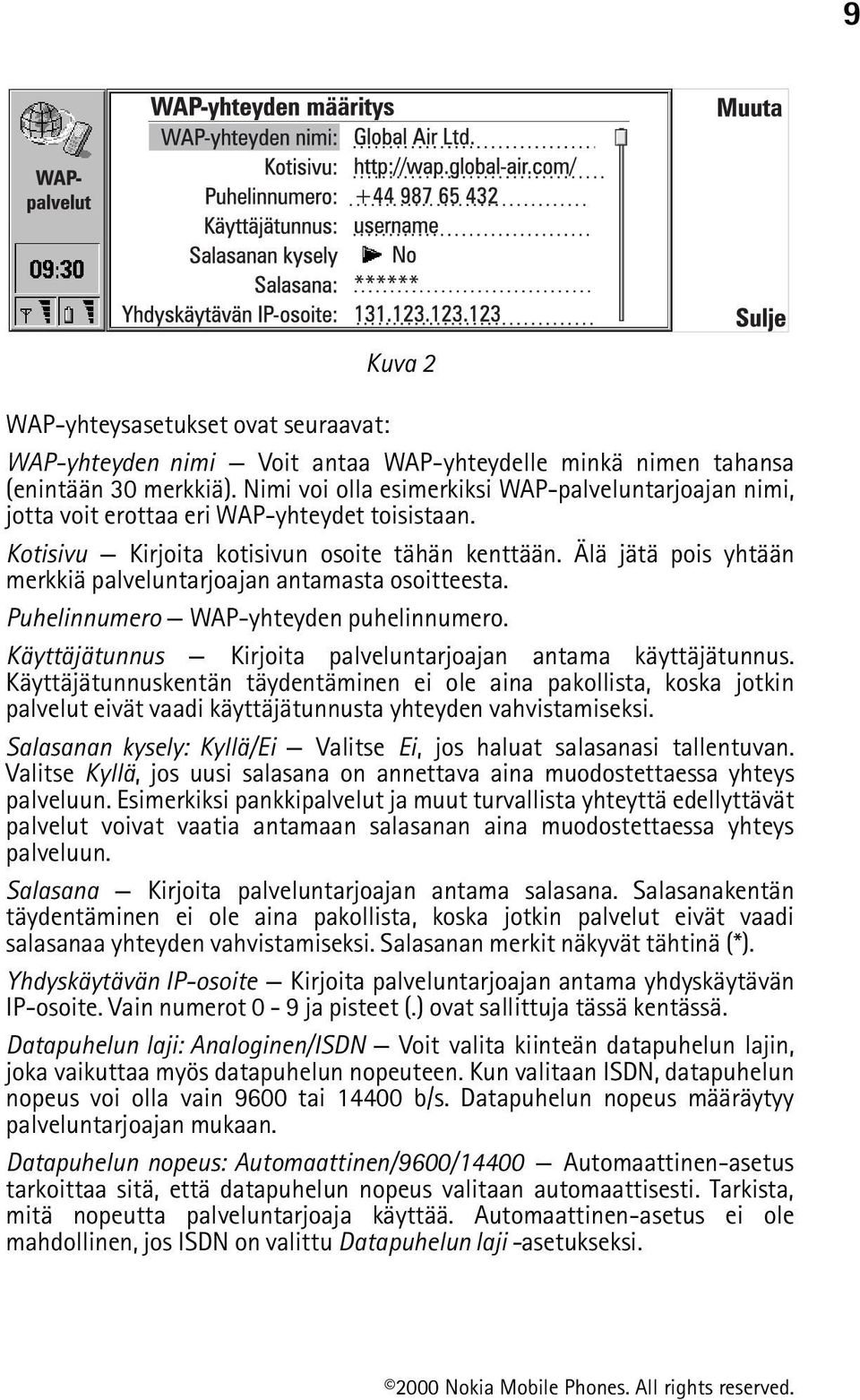 Älä jätä pois yhtään merkkiä palveluntarjoajan antamasta osoitteesta. Puhelinnumero WAP-yhteyden puhelinnumero. Käyttäjätunnus Kirjoita palveluntarjoajan antama käyttäjätunnus.