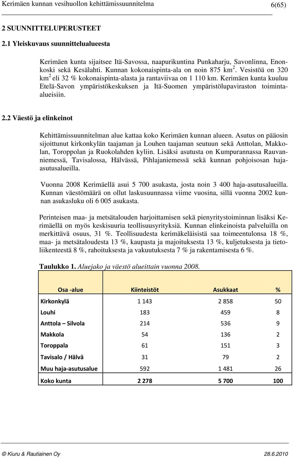 Kerimäen kunta kuuluu Etelä-Savon ympäristökeskuksen ja Itä-Suomen ympäristölupaviraston toimintaalueisiin. 2.2 Väestö ja elinkeinot Kehittämissuunnitelman alue kattaa koko Kerimäen kunnan alueen.