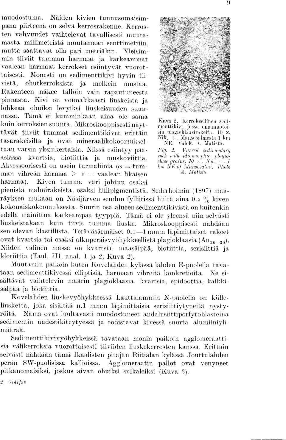 Yleisimmin tiiviit tumman harmaat ja karkeammat vaalean harmaat kerrokset esiintvviit vuorottaisesti. Monesti on sedimenttikivi hyvin tiivista, ohutkerroksista ja melkein mustaa.