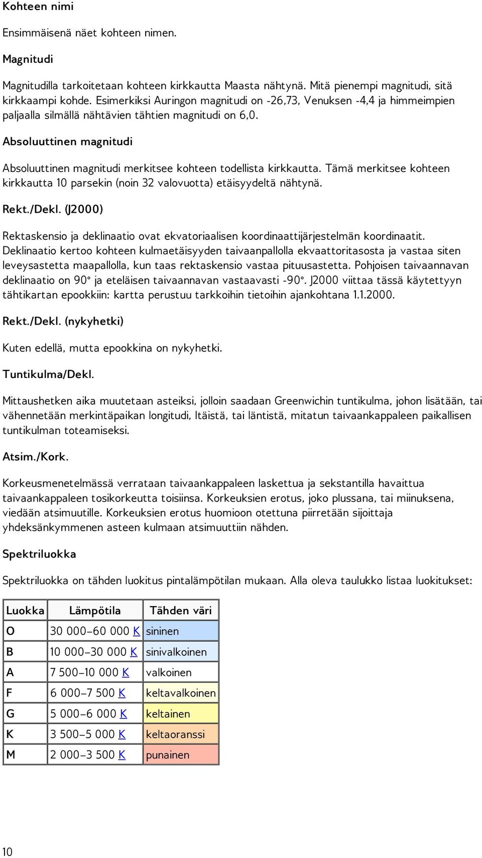 Absoluuttinen magnitudi Absoluuttinen magnitudi merkitsee kohteen todellista kirkkautta. Tämä merkitsee kohteen kirkkautta 10 parsekin (noin 32 valovuotta) etäisyydeltä nähtynä. Rekt./Dekl.