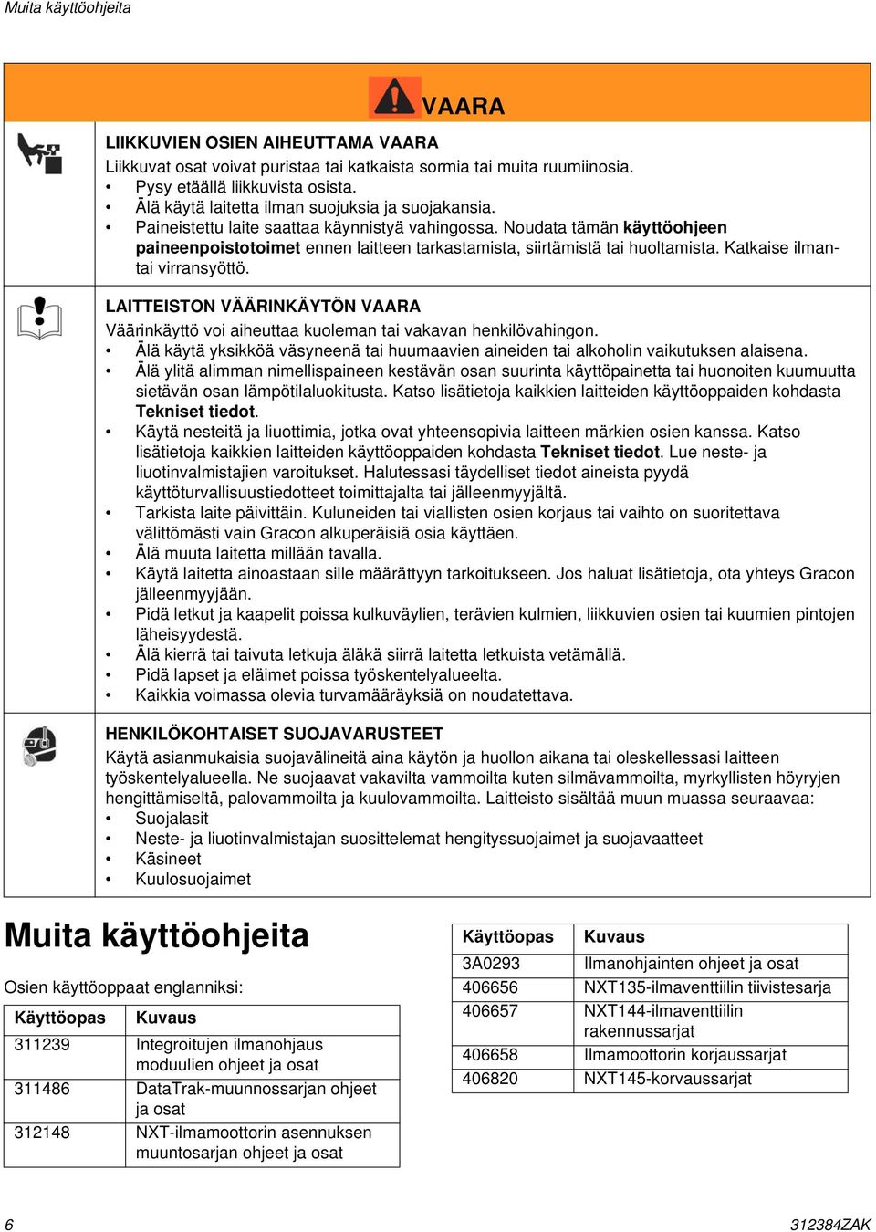 Noudata tämän käyttöohjeen paineenpoistotoimet ennen laitteen tarkastamista, siirtämistä tai huoltamista. Katkaise ilmantai virransyöttö.