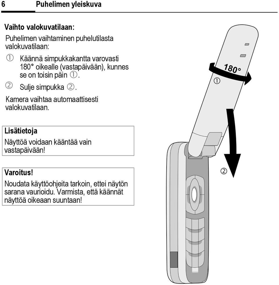 Kamera vaihtaa automaattisesti valokuvatilaan. Lisätietoja Näyttöä voidaan kääntää vain vastapäivään!