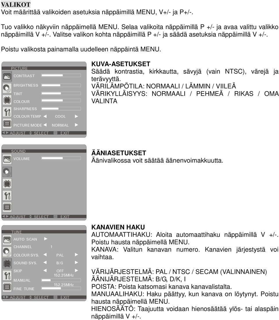 KUVA-ASETUKSET Säädä kontrastia, kirkkautta, sävyjä (vain NTSC), värejä ja terävyyttä.